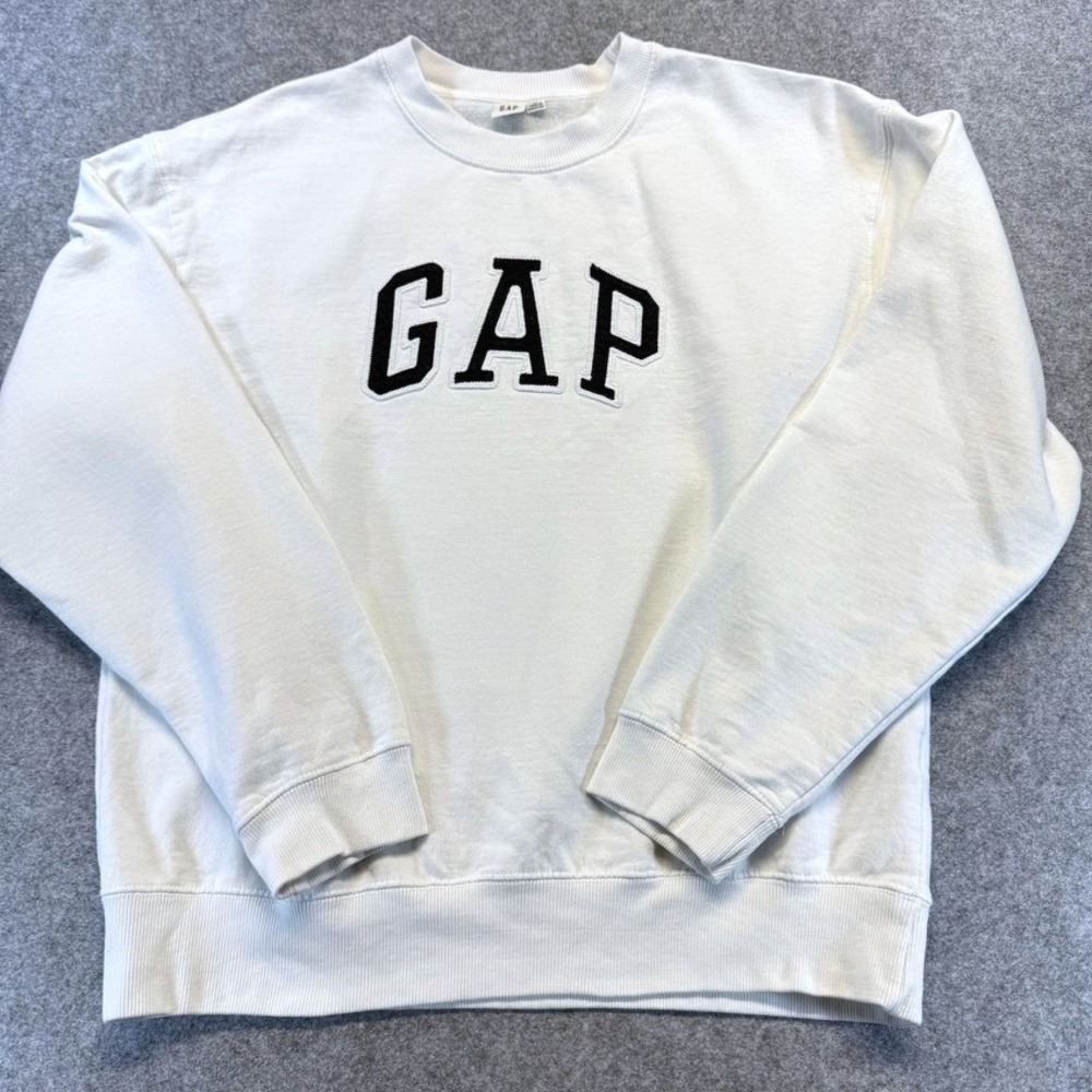 Gap Crewneck Sweatshirt XL Cream White Embroidered Logo Preppy Retro VTG Style‎
